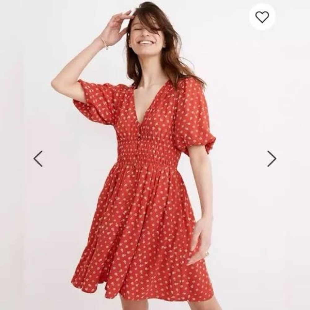Madewell Red Floral Sophia Smocked Puff Sleeve Mini Dress